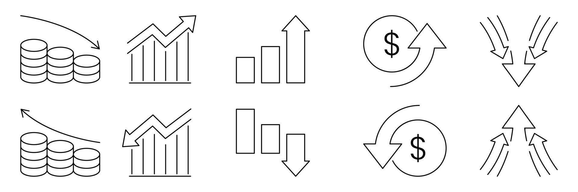 Set of increase and decrease icon collection. Profit, market, growth, fall, arrow up symbol. vector