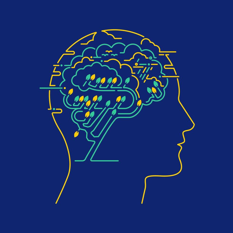 concept of eco-friendly brain thinking or mental health, graphic of human brain combined with ecology elements vector