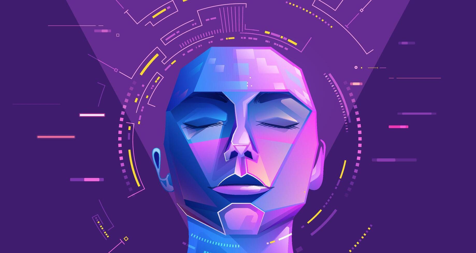 concept of machine learning of deep learning, graphic of AI artificial intelligence head presented in cyberpunk vector