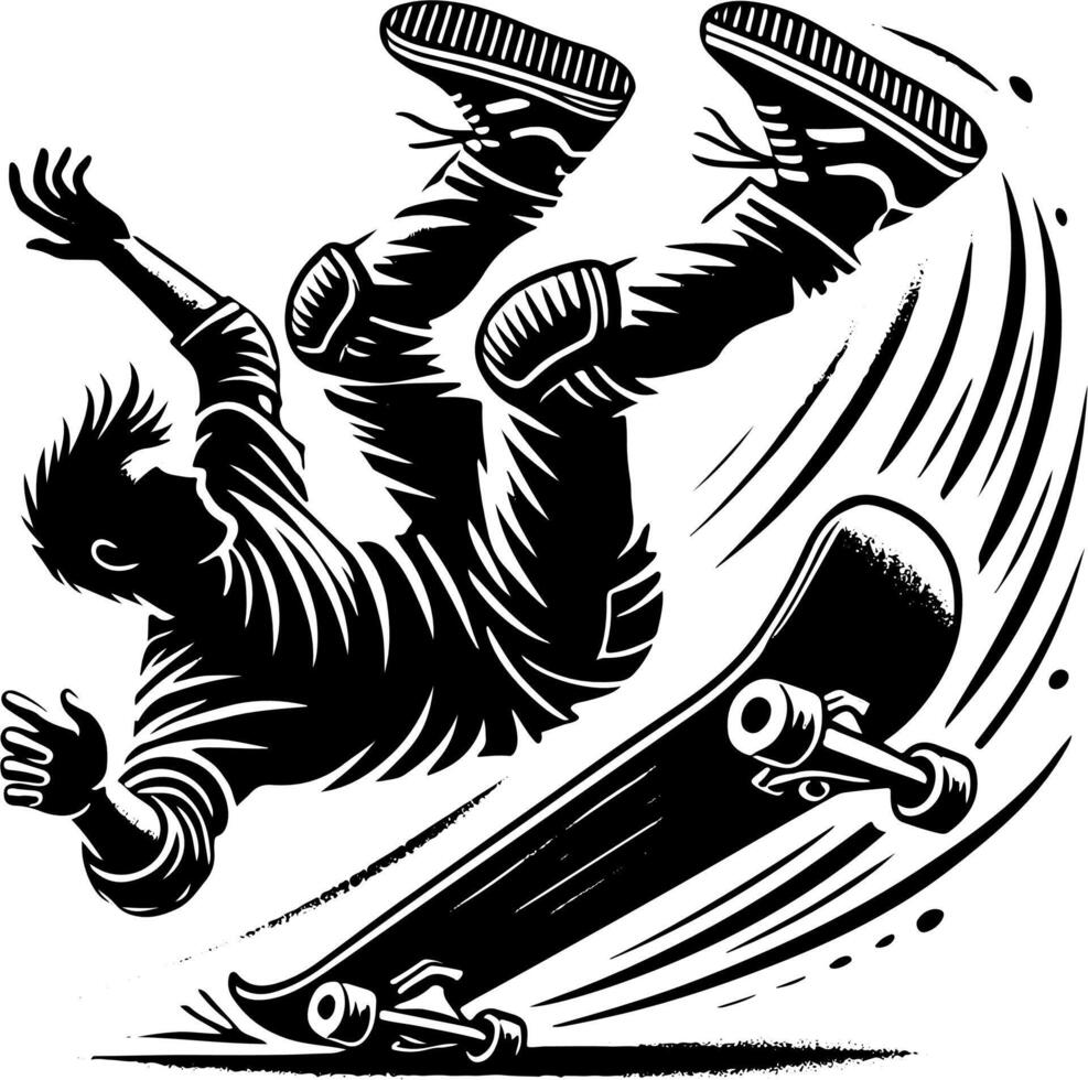 Skateboarder Falling Off While Trying To Do A Trick, Black And White Skateboard Silhouette vector