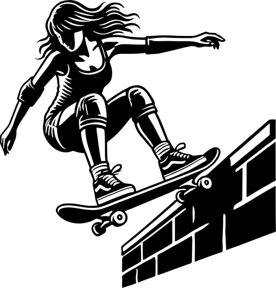 A Female Skateboarder Dropping In Off A Wall, Black And White Skater Silhouette vector