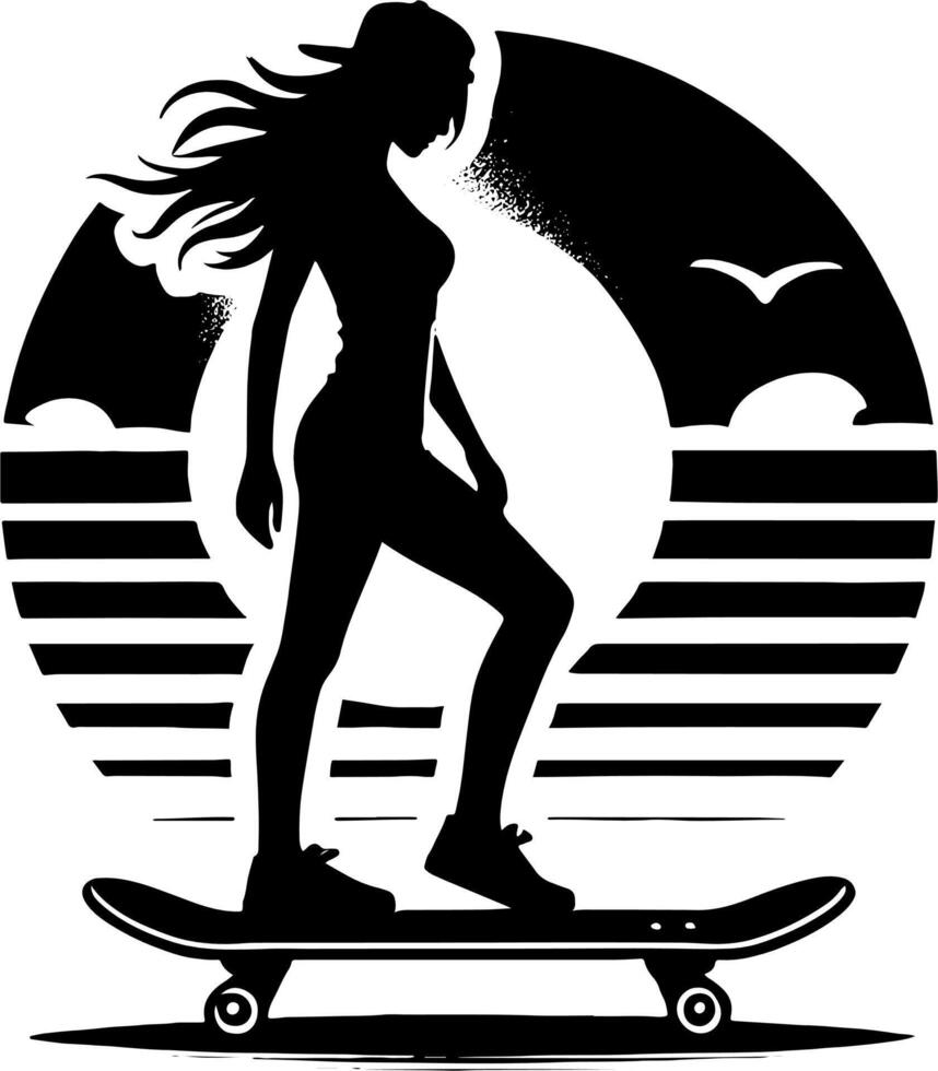A Female Skateboarder Silhouette In Front Of A Sunset, Black And White Skater Silhouette vector