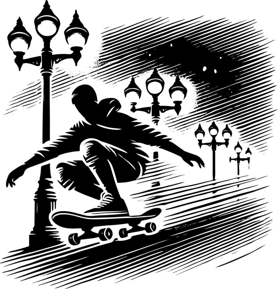 Skateboarder Going Fast Down A Hill At Night, Black And White Skateboard Silhouette vector