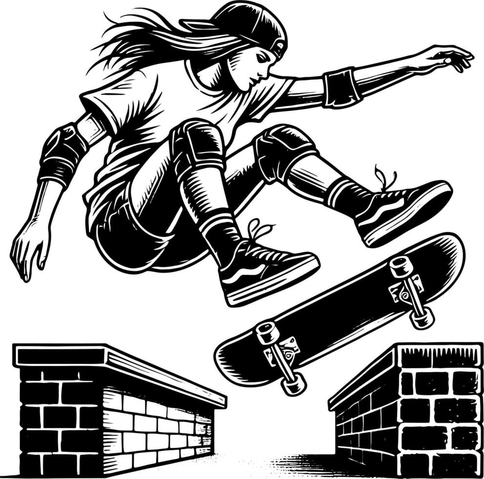 A Female Skateboarder Doing A Kick Flip Over A Gap, Black And White Skater Silhouette vector