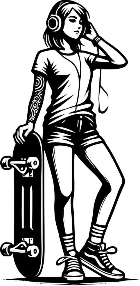 A Young Female Skateboarder Listening To Music, Black And White Skater Silhouette vector