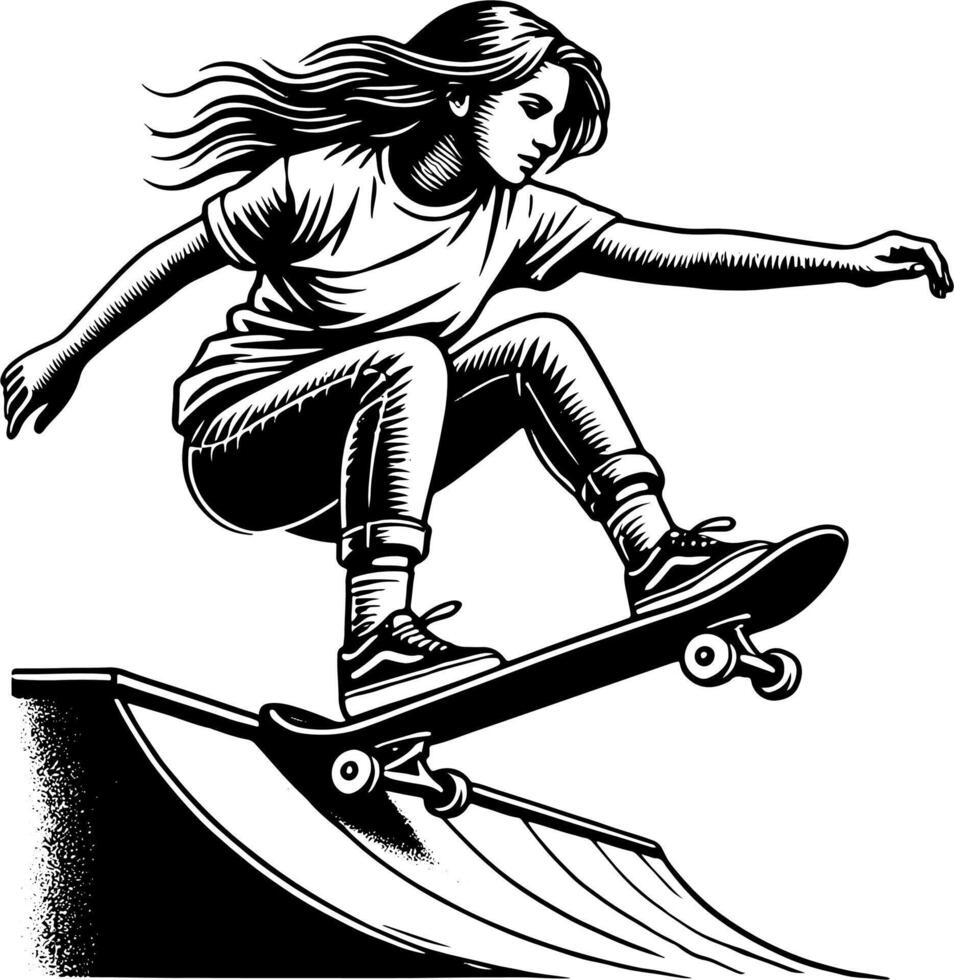 A Young Female Skateboarder Dropping Into A Ramp, Black And White Skater Silhouette vector