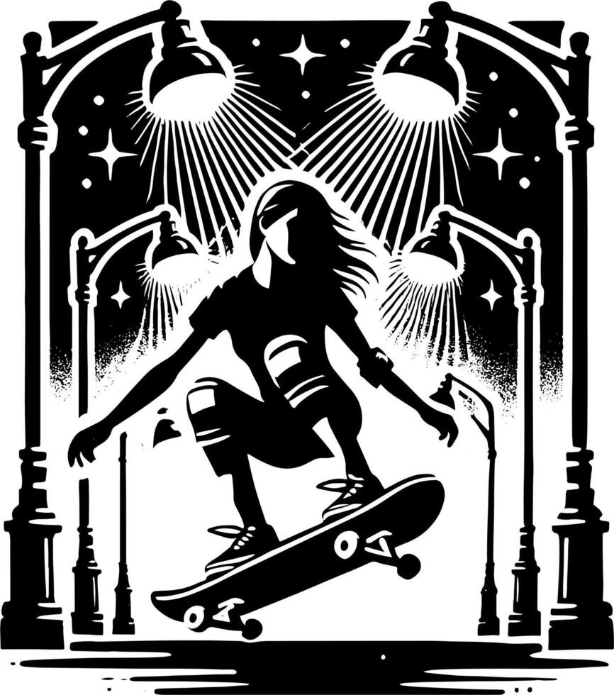 A Female Skateboarder Street Skating At Night Time, Black And White Skater Silhouette vector