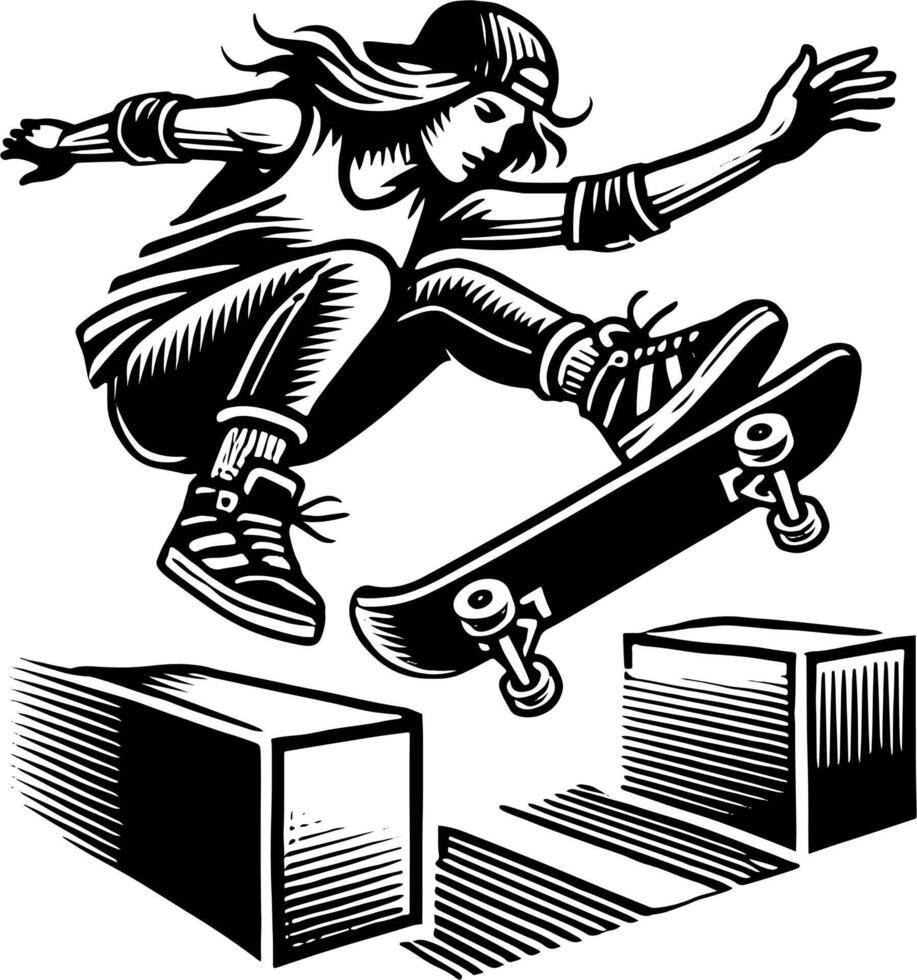 A Female Skateboarder Doing A Trick Over A Gap, Black And White Skater Silhouette vector