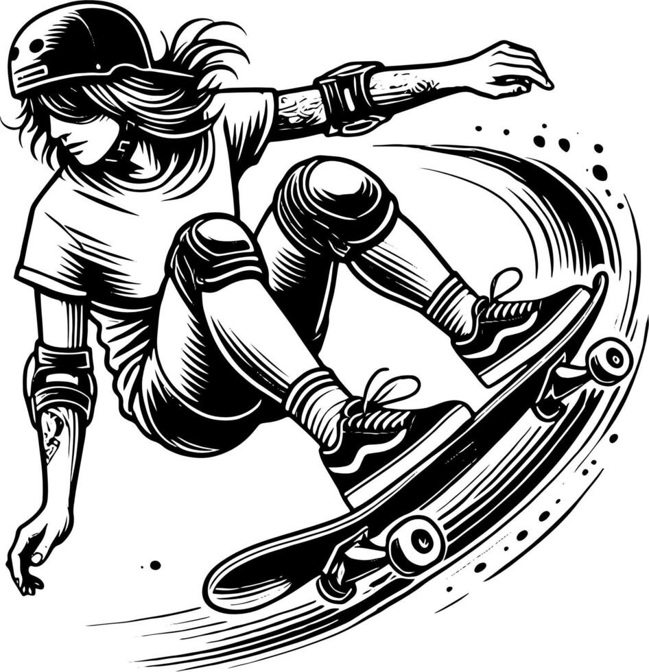 A Female Skateboarder Cruising On Their Board, Black And White Skater Silhouette vector