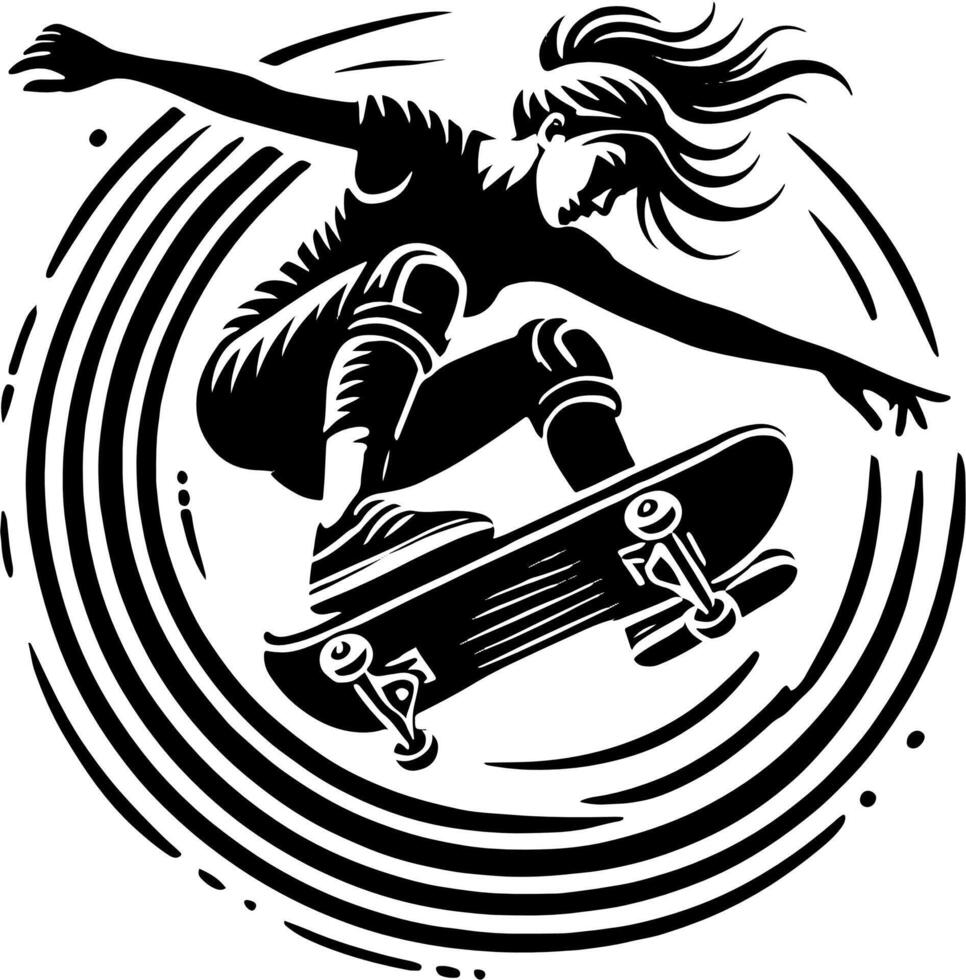 A Female Skateboarder Performing A Trick, Black And White Skater Silhouette vector