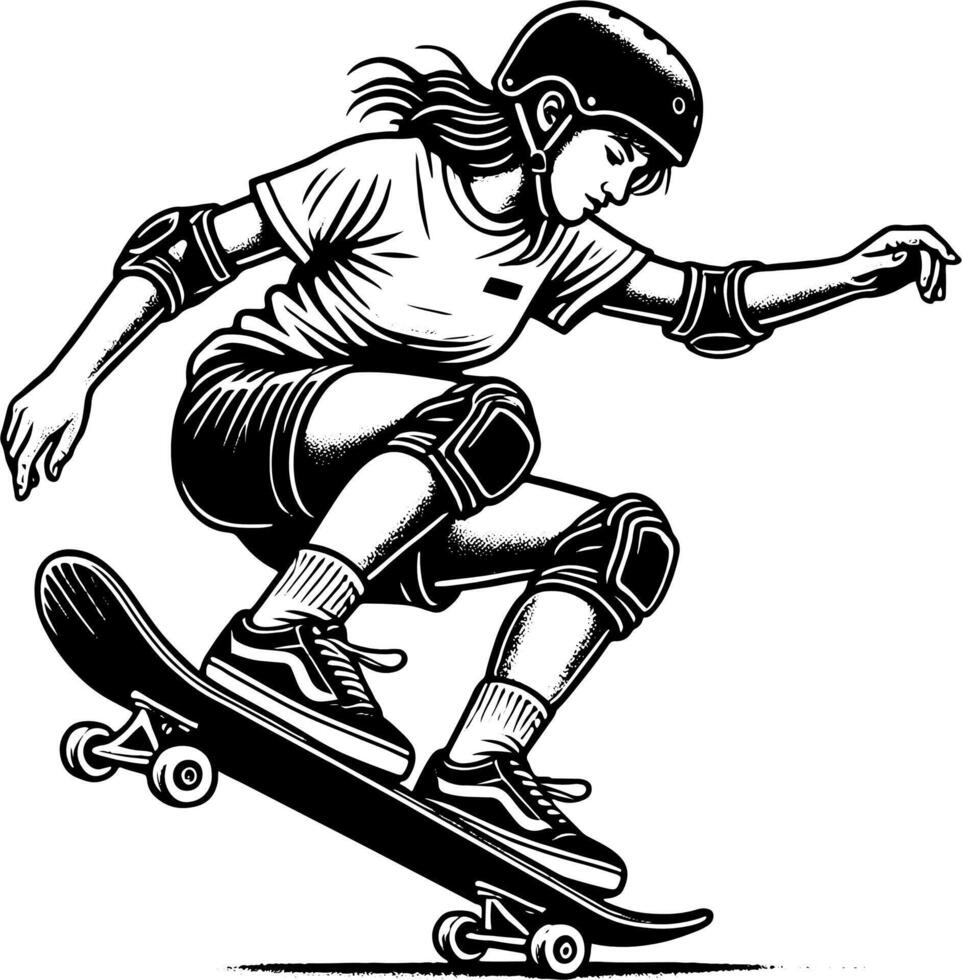 A Young Female Skateboarder Practicing Tricks, Black And White Skater Silhouette vector