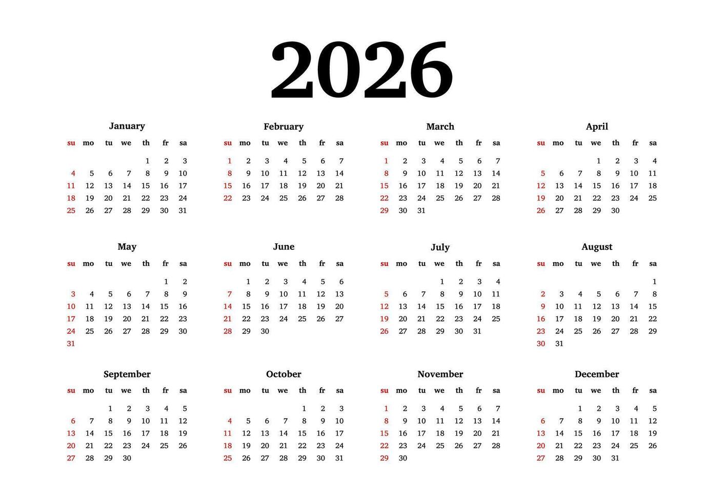Calendar for 2026 on a white background. Sunday to Monday, business template. vector