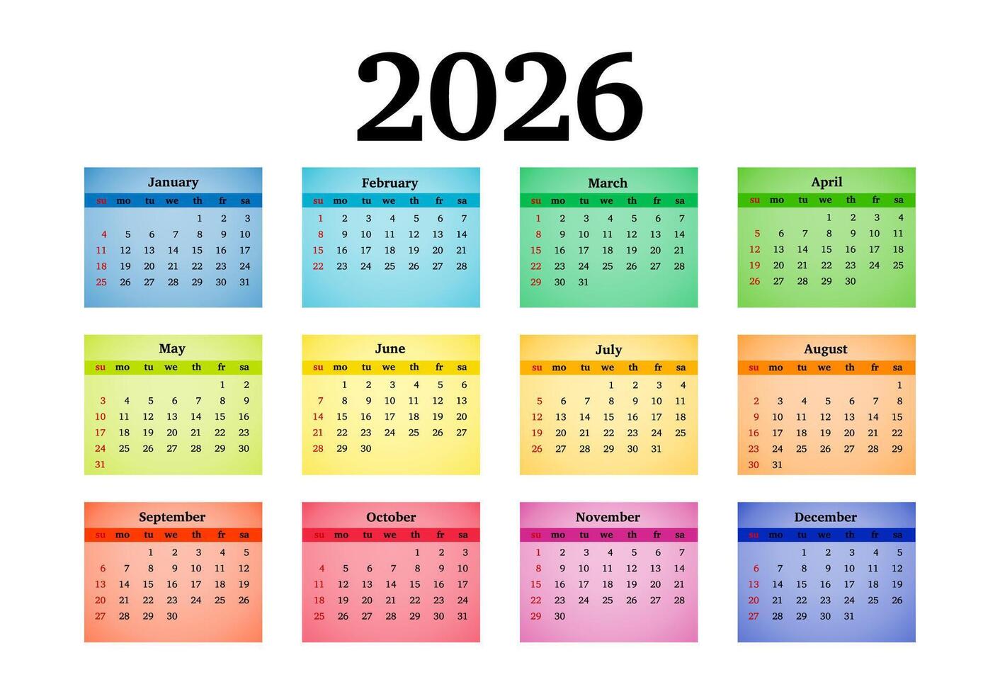 Calendar for 2026 isolated on a background. Sunday to Monday, business template. illustration vector