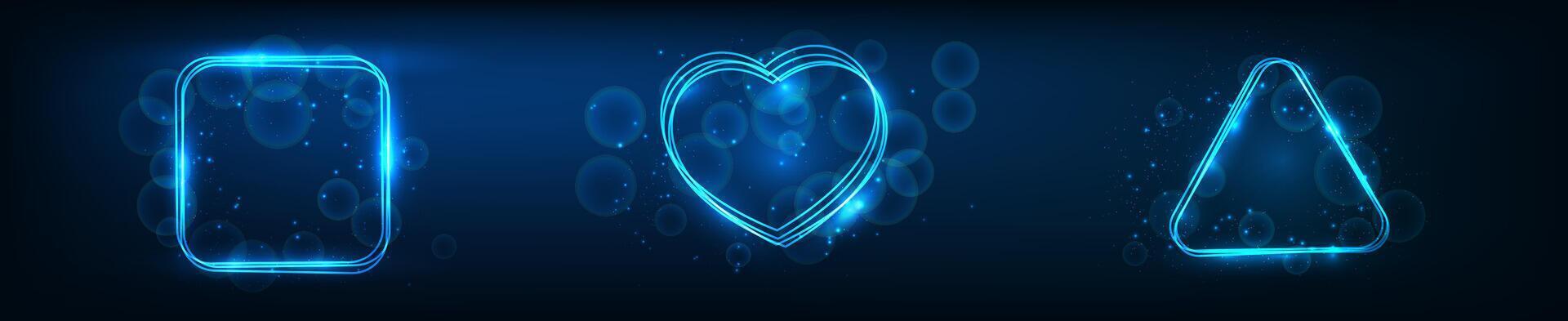 Set of three neon frames with effects and sparkles on dark background. Empty glowing techno backdrop. illustration vector
