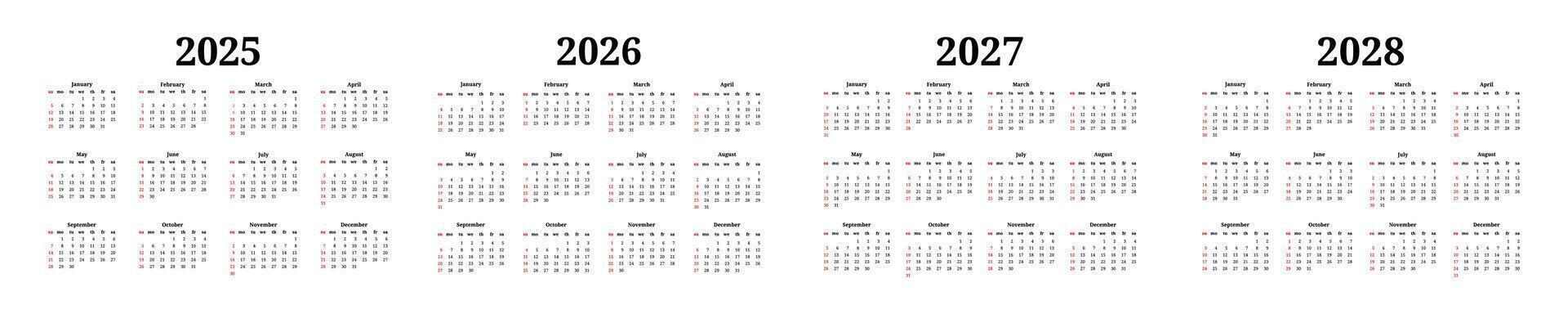 Set of four calendars for 2025, 2026, 2027 and 2028 isolated on a background. Sunday to Monday, business template. illustration vector
