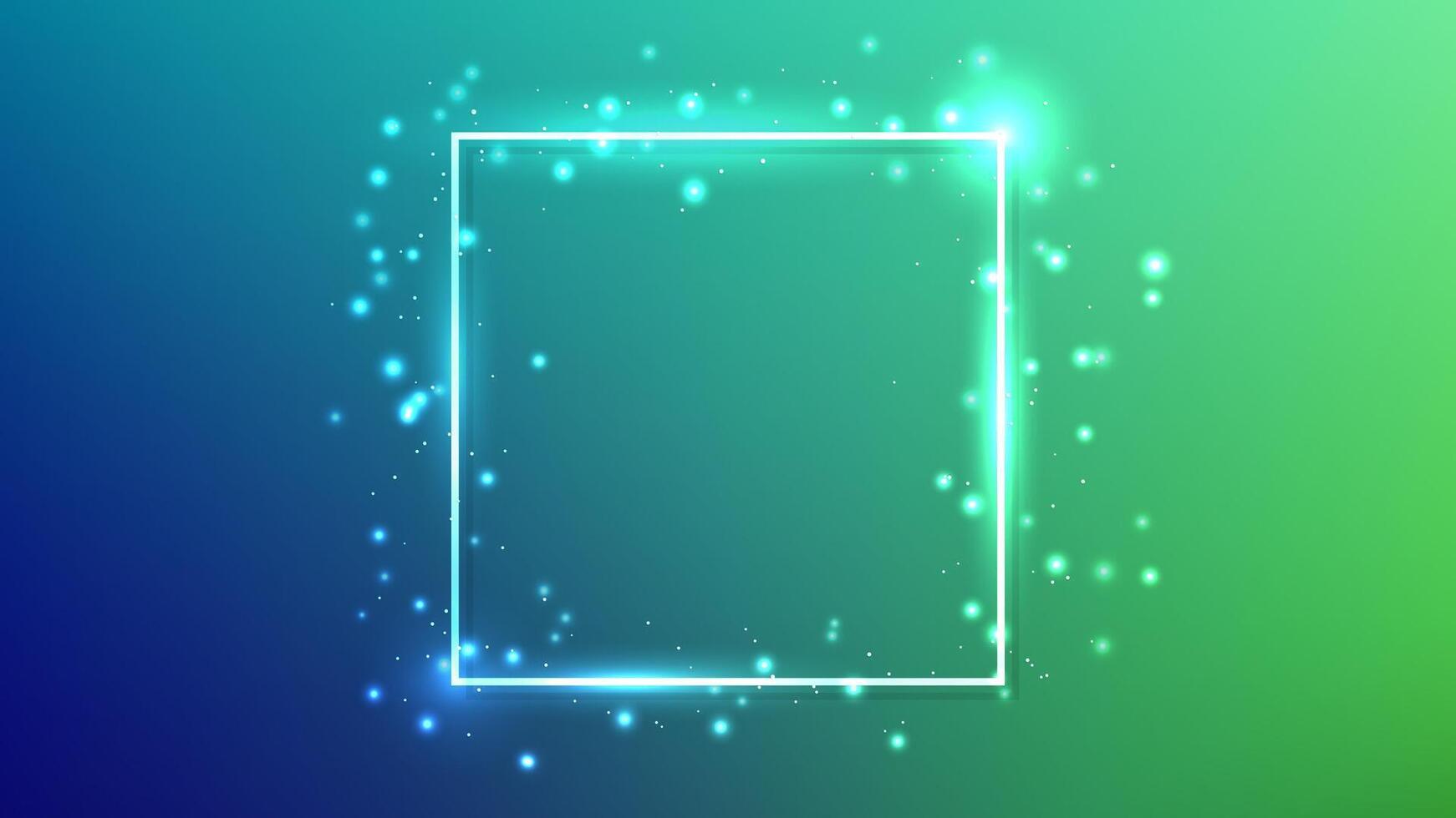 Neon square frame with shining effects and sparkles on dark green background. Empty glowing techno backdrop. illustration vector