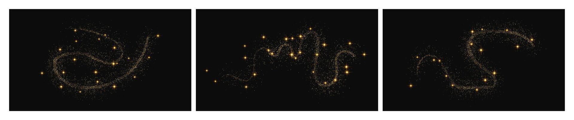 Gold glittering wave and stardust. Set of three backdrops with golden magical sparkles on dark background. illustration vector
