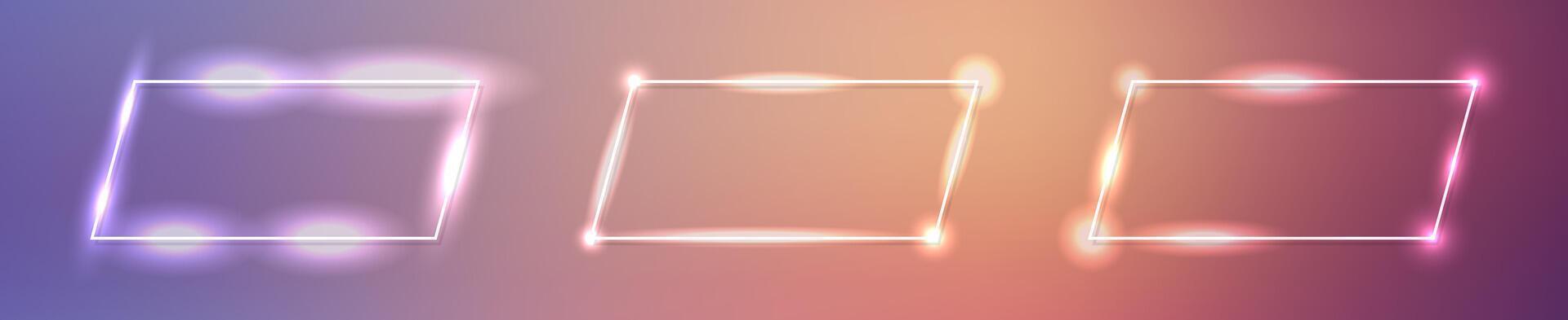 Set of neon frames with effects, Set of three neon rectangular frames with shining effects on purple background. Empty glowing techno backdrop. vector