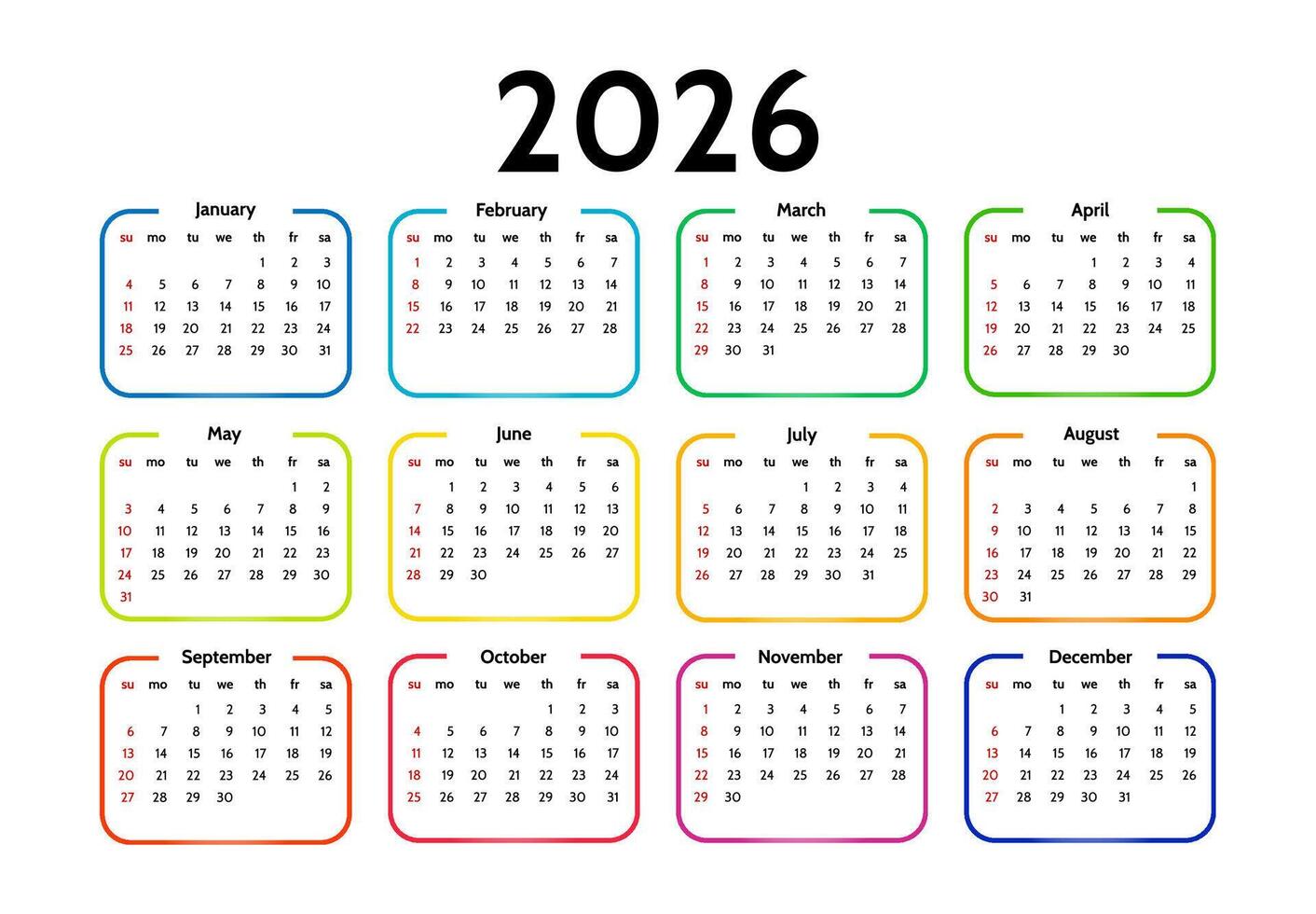 Calendar for 2026 isolated on a white background. Sunday to Monday, template. illustration vector