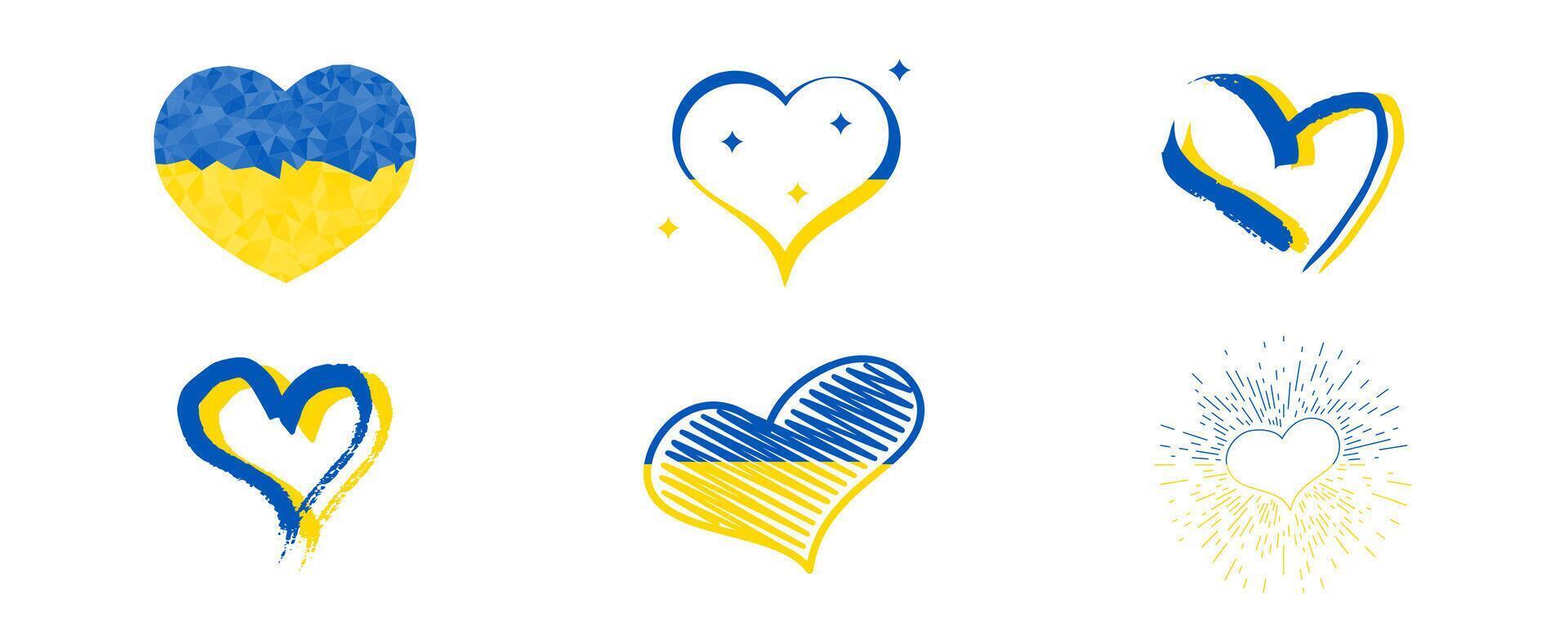 Hearts in Ukrainian colors. Set of different yellow and blue hearts on background. vector
