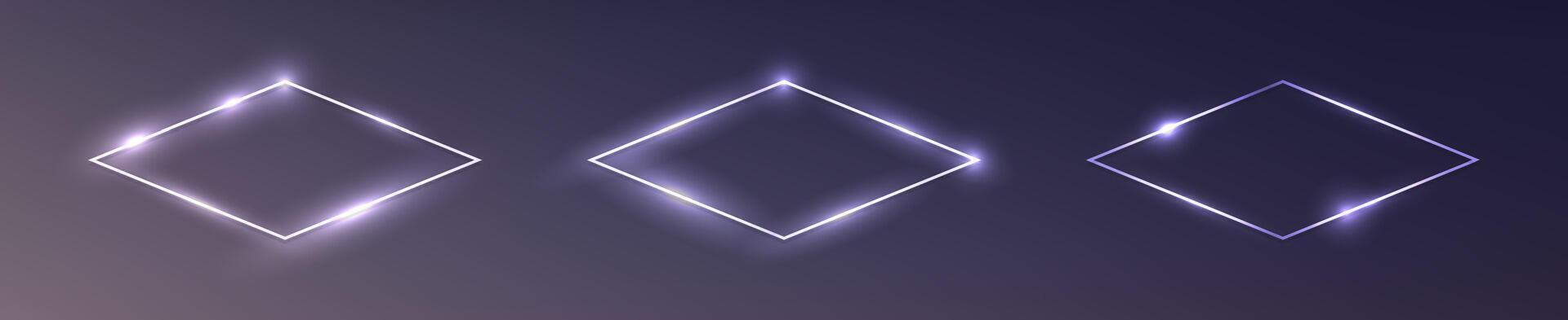 Set of three neon rhombus frames with shining effects on dark background. Empty glowing techno backdrop. illustration vector