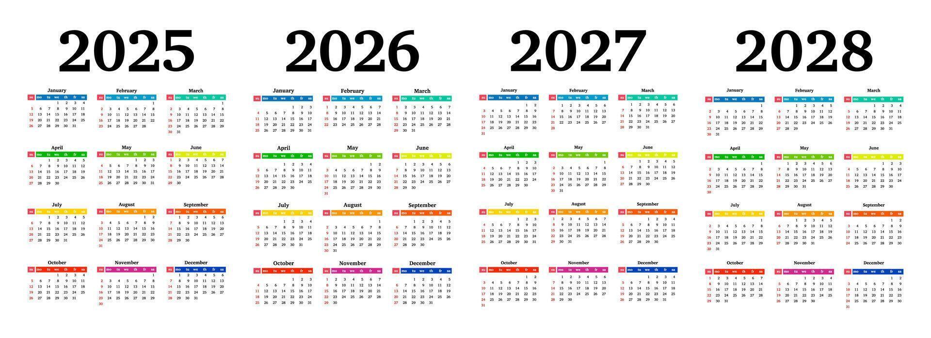 Set of vertical calendars for 2025, 2026, 2027 and 2028 isolated on a white background. Sunday to Monday, business template. vector