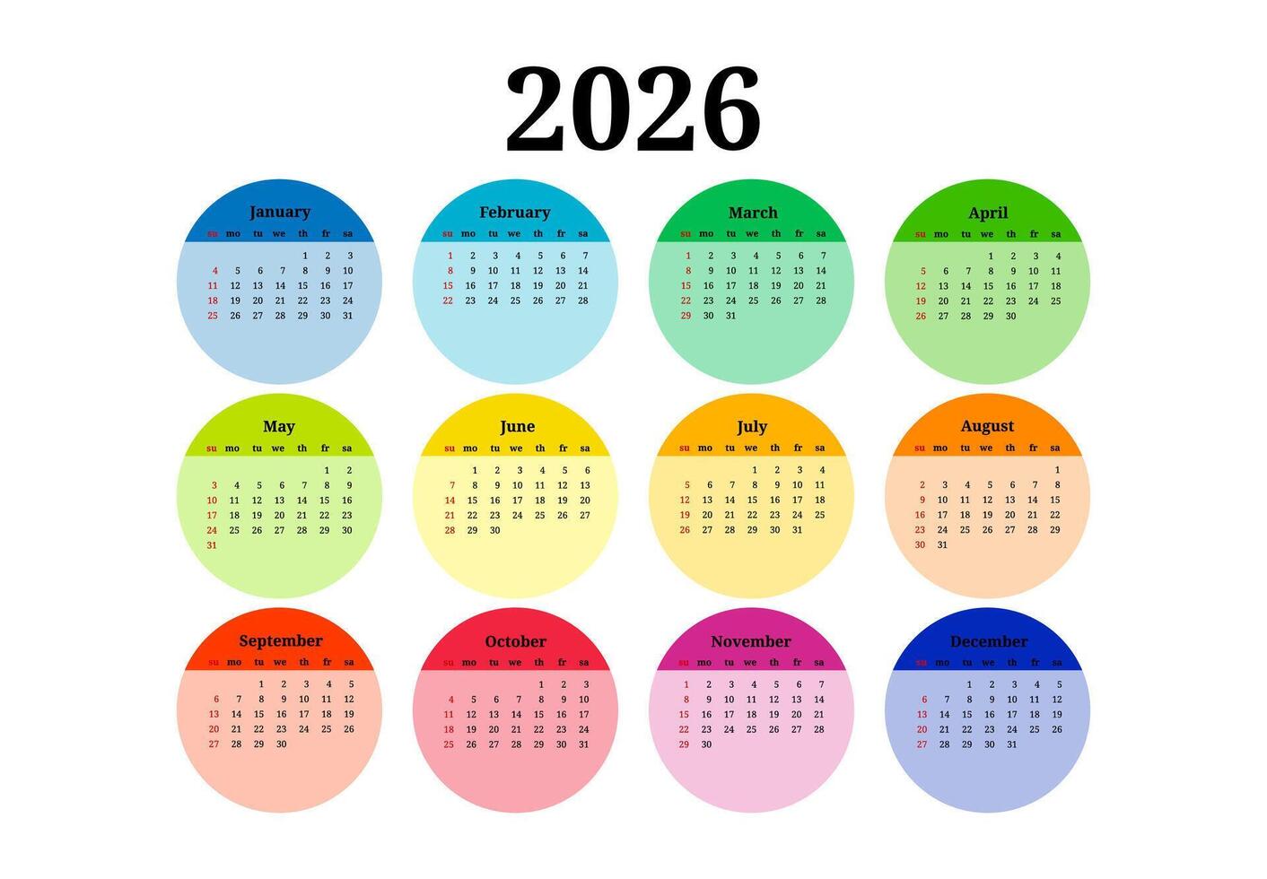 Calendar for 2026 isolated on a . Sunday to Monday, business template. illustration vector