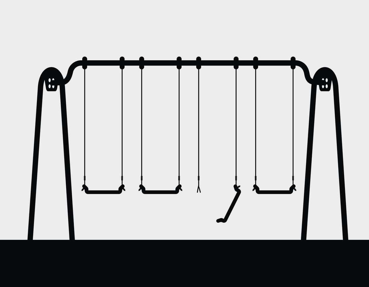 Black silhouette drawing of an empty children's swing set with several swings in different positions. vector
