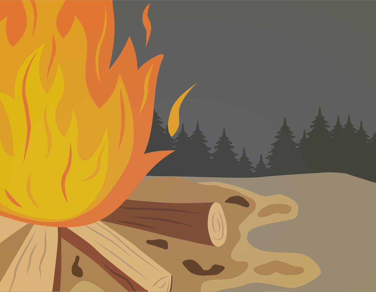 An open bright bonfire in an open area. A firewood flame, a burning campfire or bonfire. Wood fire. vector