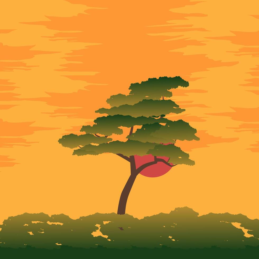 Sunset. Tranquil sunset landscape. Tree at sunset. Relaxation. vector