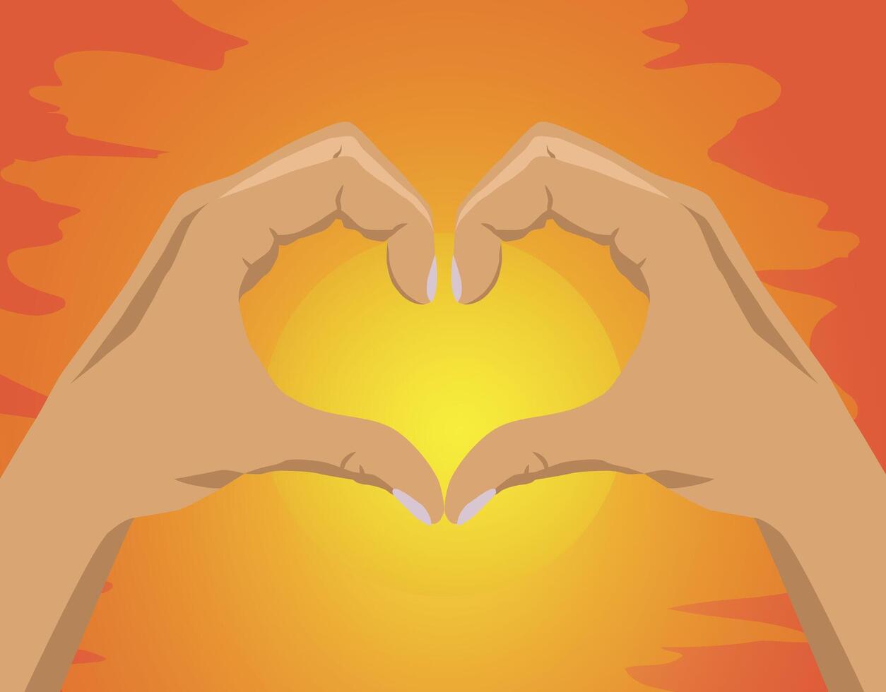 Illustration of hands making a heart symbol. Hands showing a heart sign at sunset. vector