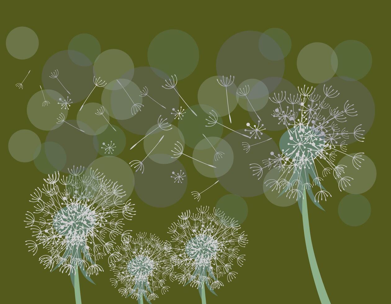 Abstract illustration of dandelions in the wind - delicate floral design on a green background. Nature background. vector
