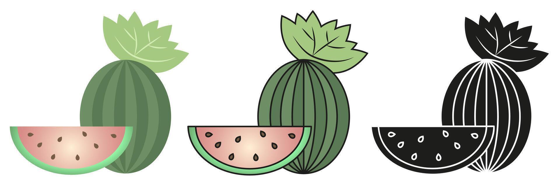 Set of watermelon illustrations in three different styles. Minimalistic and modern composition. vector