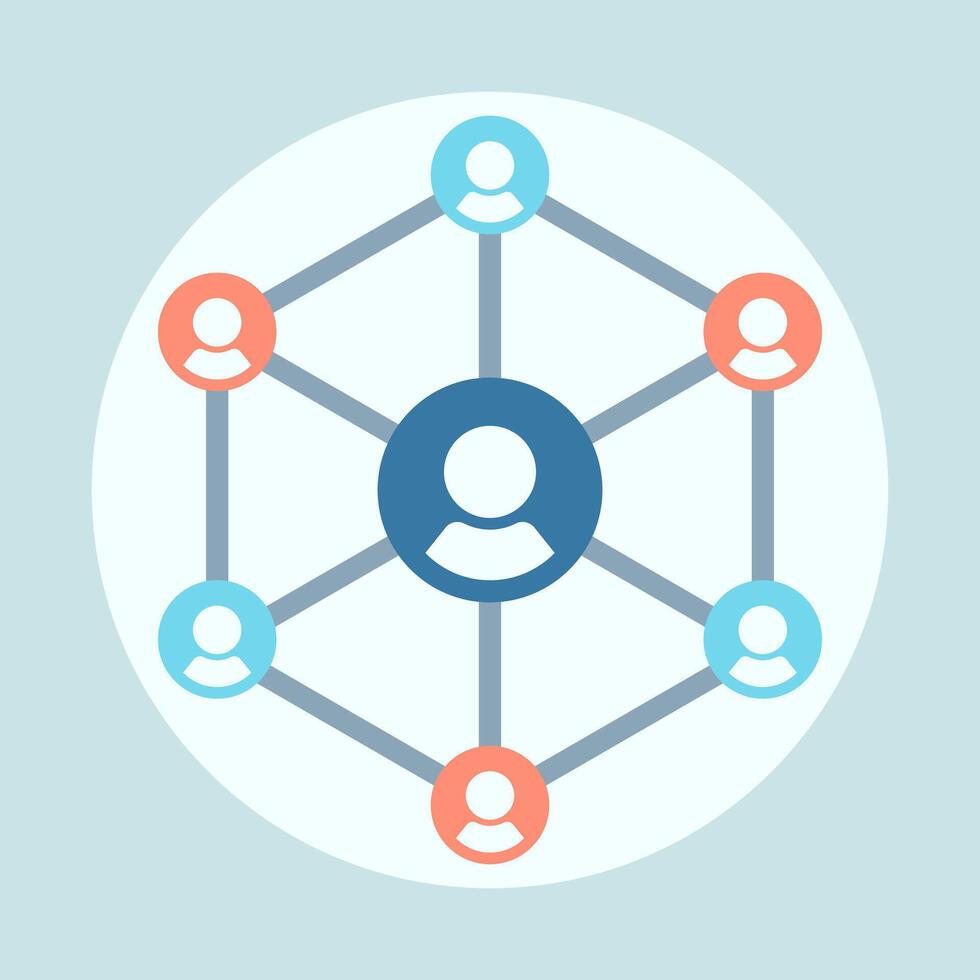 Connected people network around a central hub cartoon flat design illustration vector