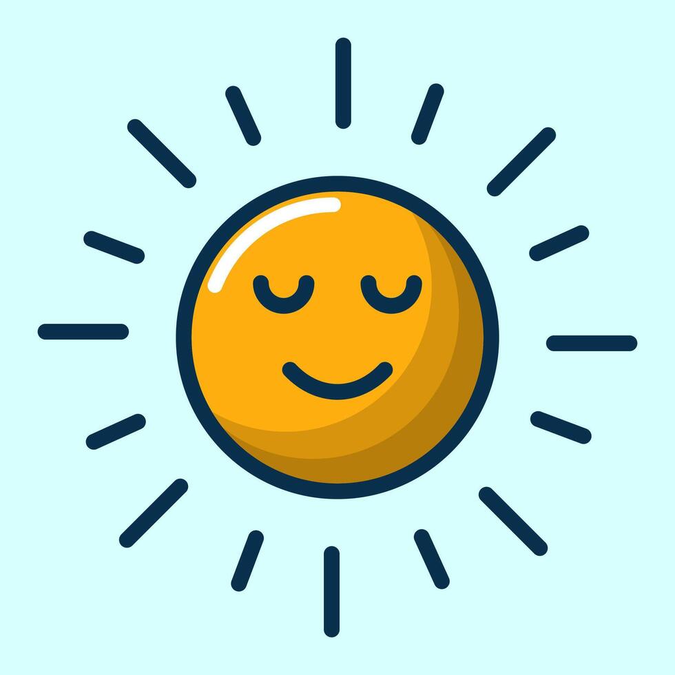 Smiling sun shines with serene face cartoon flat design illustration vector