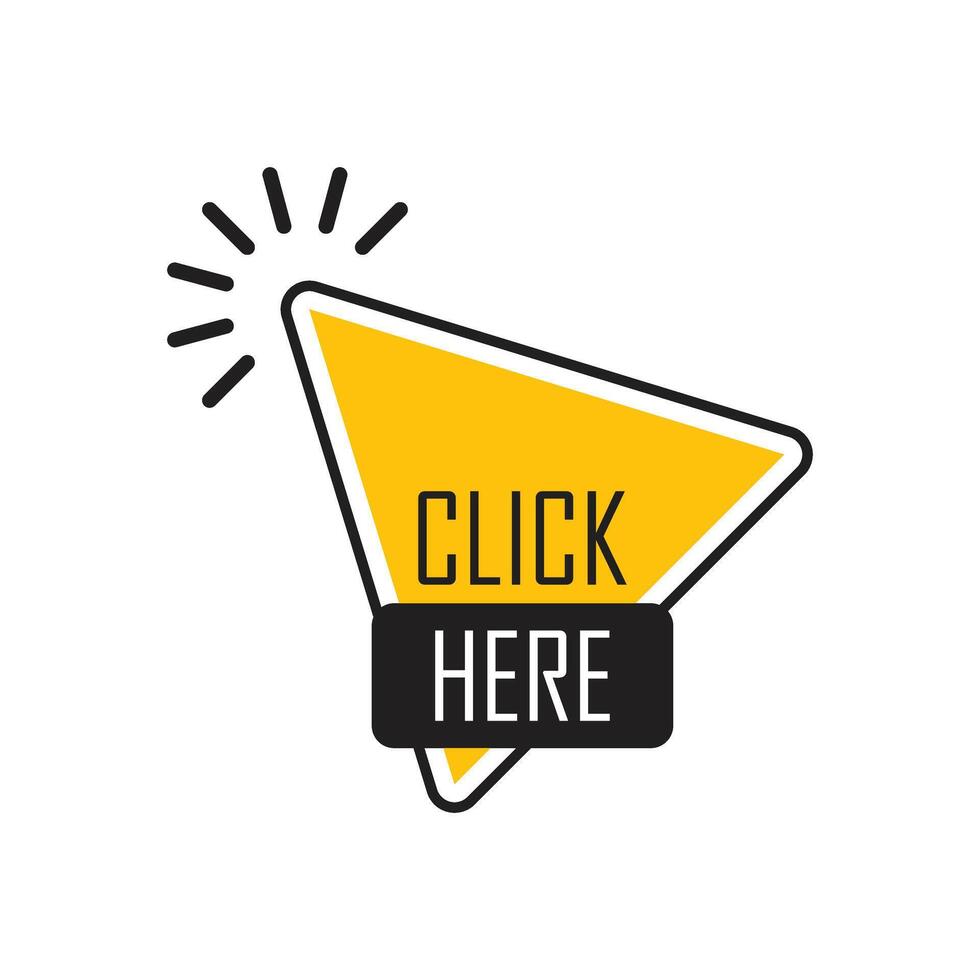 A yellow and black triangle with the words click here vector