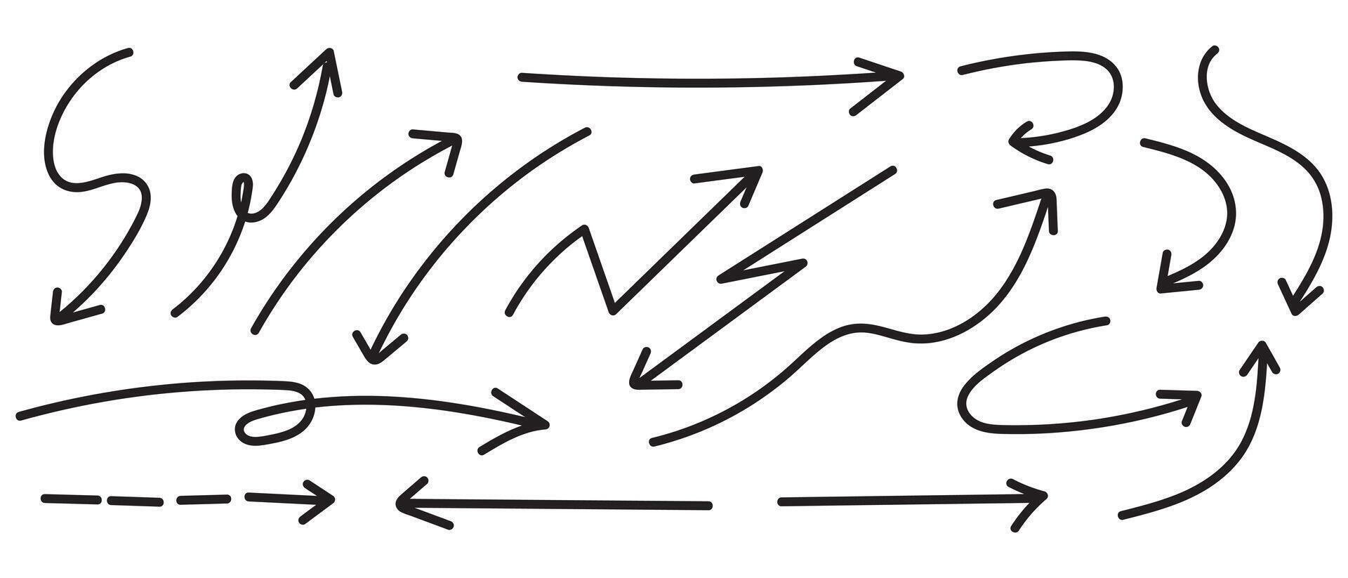 Set of simple lines hand drawn black arrows in various style. Set of simple of hand drawn black arrows. Set of simple lines hand drawn black arrows. Various of simple lines arrows collection vector