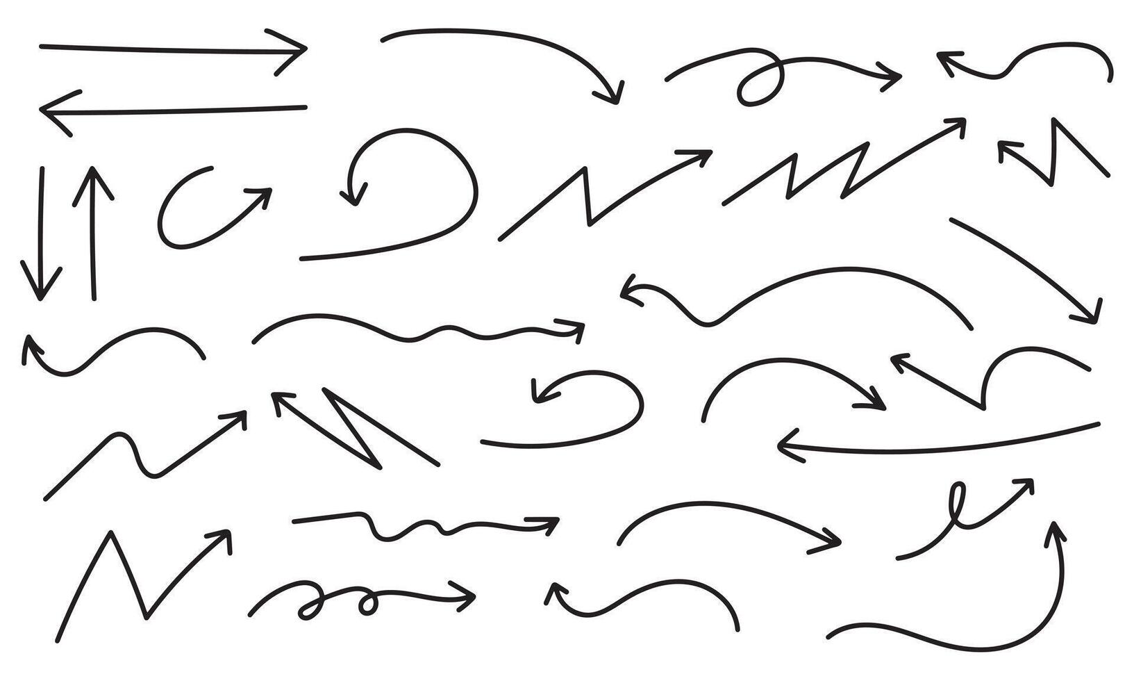 Collection of hand drawn curved arrow doodle style on white background. set of zigzag artistic arrow, directional arrow symbol vector