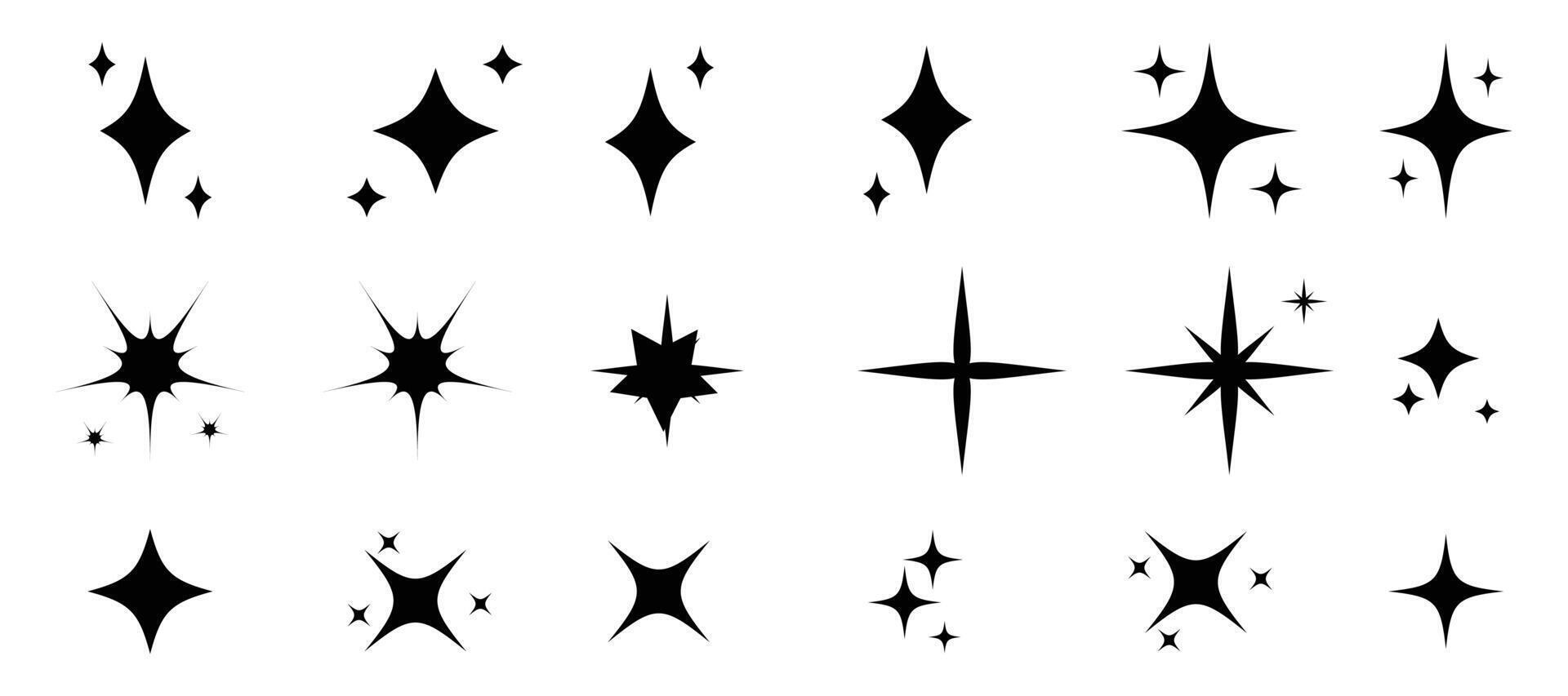 black star icons in various shapes and sizes. Includes starbursts, sparkles, and twinkles. Perfect for design, decoration, and embellishment. Festive element set. vector