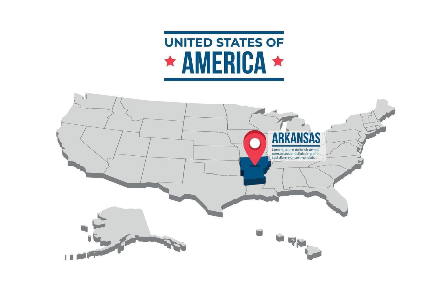 Arkansas Highlighted On A 3D Map Of The United States Of America vector