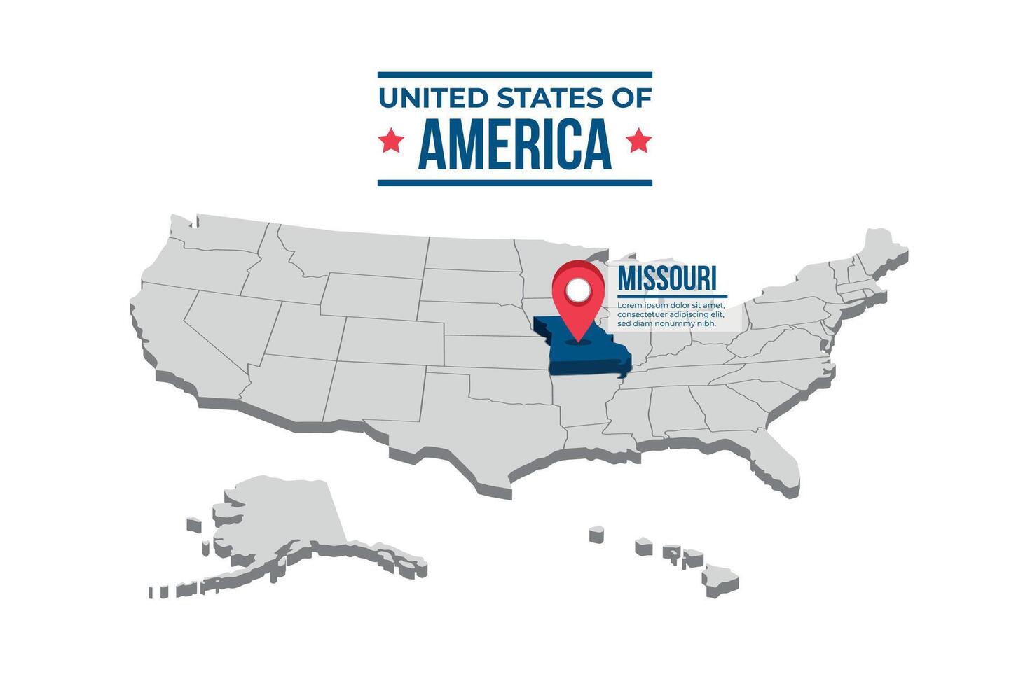 Missouri Highlighted On A 3D Map Of The United States Of America vector