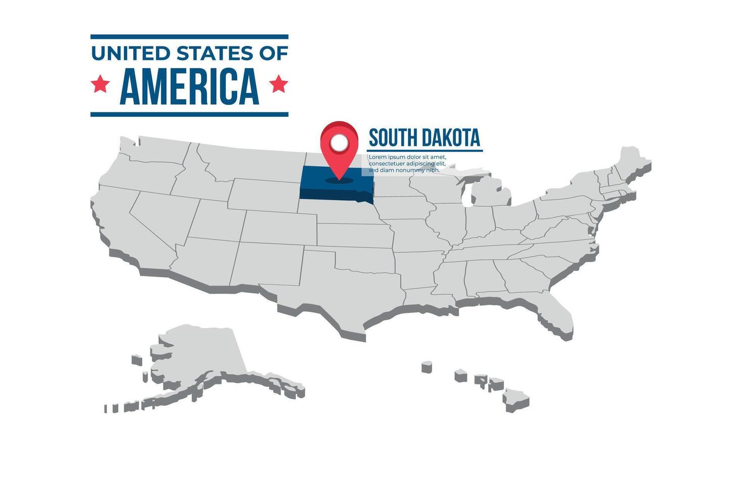 South Dakota Highlighted On A 3D Map Of The United States Of America vector