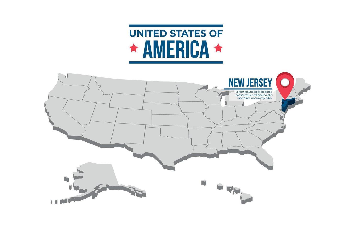 New Jersey Highlighted On A 3D Map Of The United States Of America vector