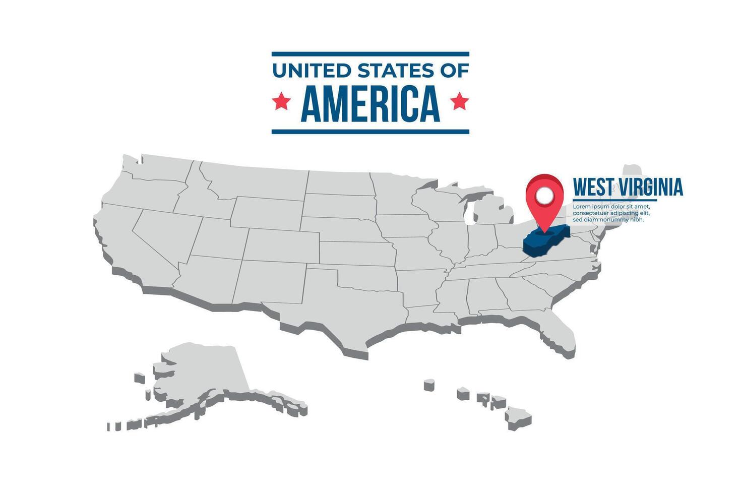 West Virginia Highlighted On A 3D Map Of The United States Of America vector