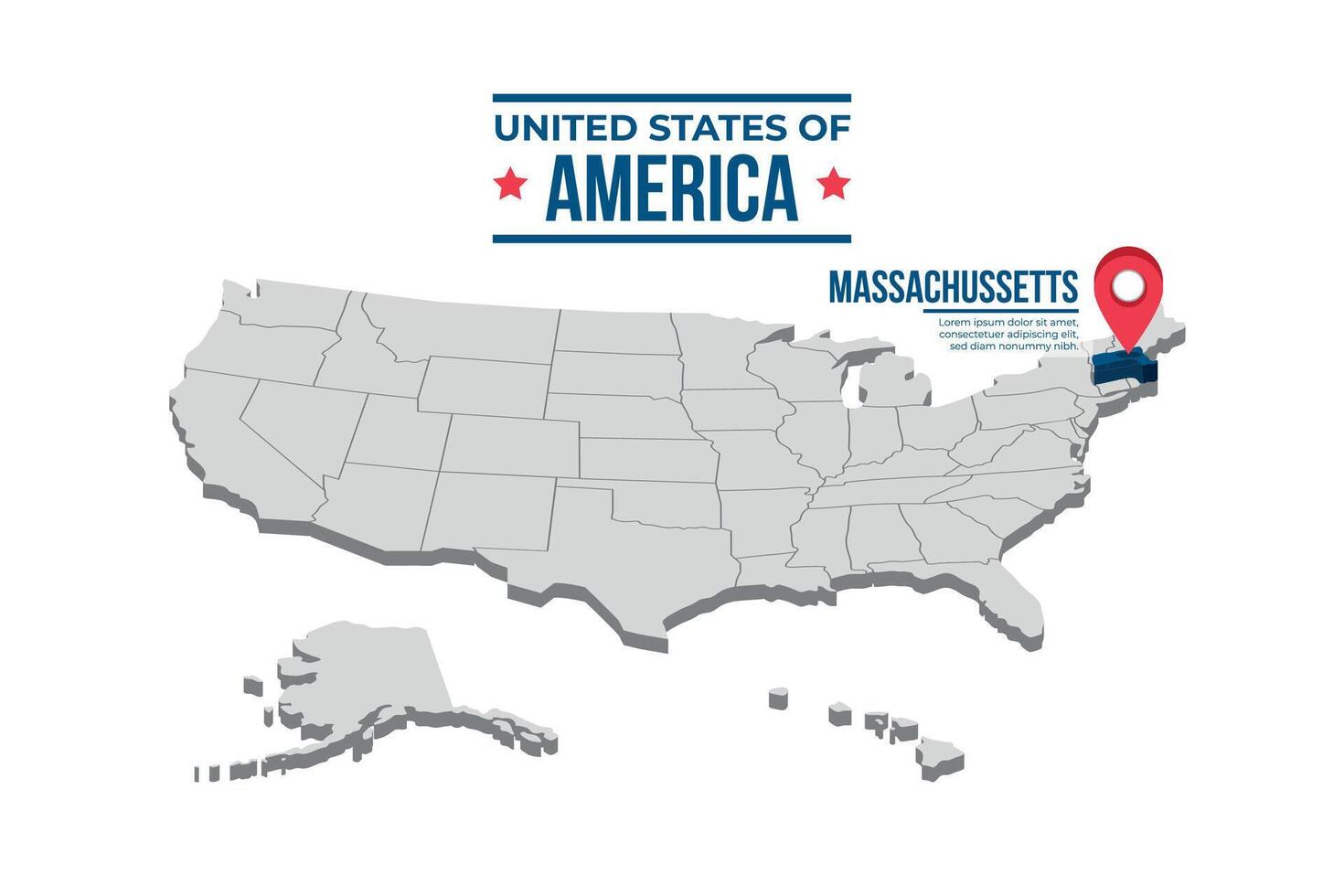Massachussetts Highlighted On A 3D Map Of The United States Of America vector