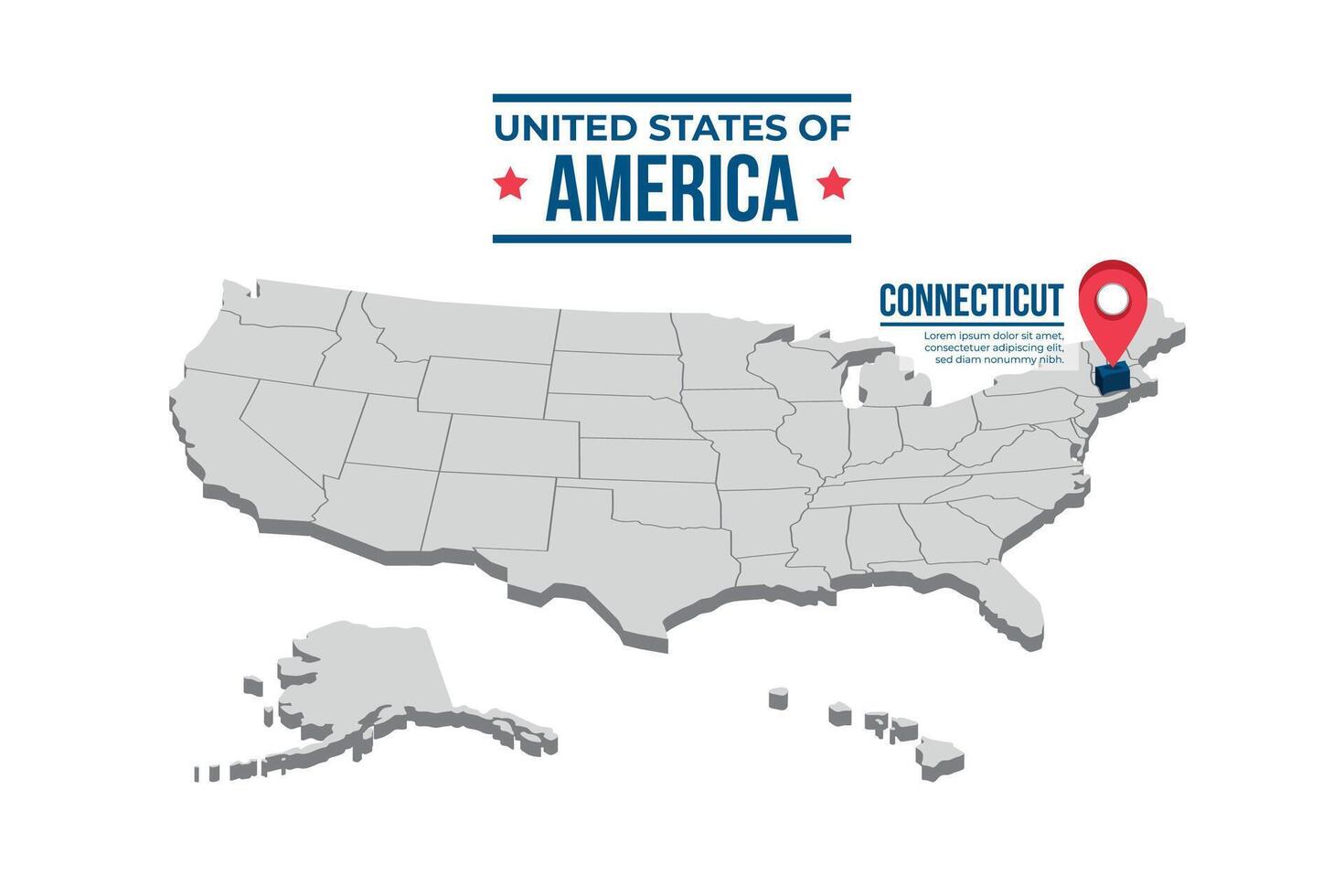Connecticut Highlighted On A 3D Map Of The United States Of America vector