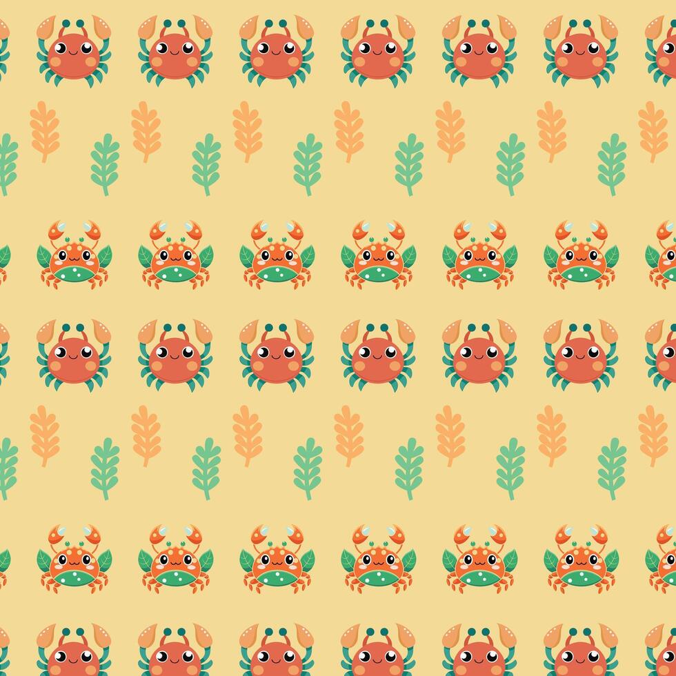 Cartoon Crab and Leaf Pattern with Bright Tropical Colors vector