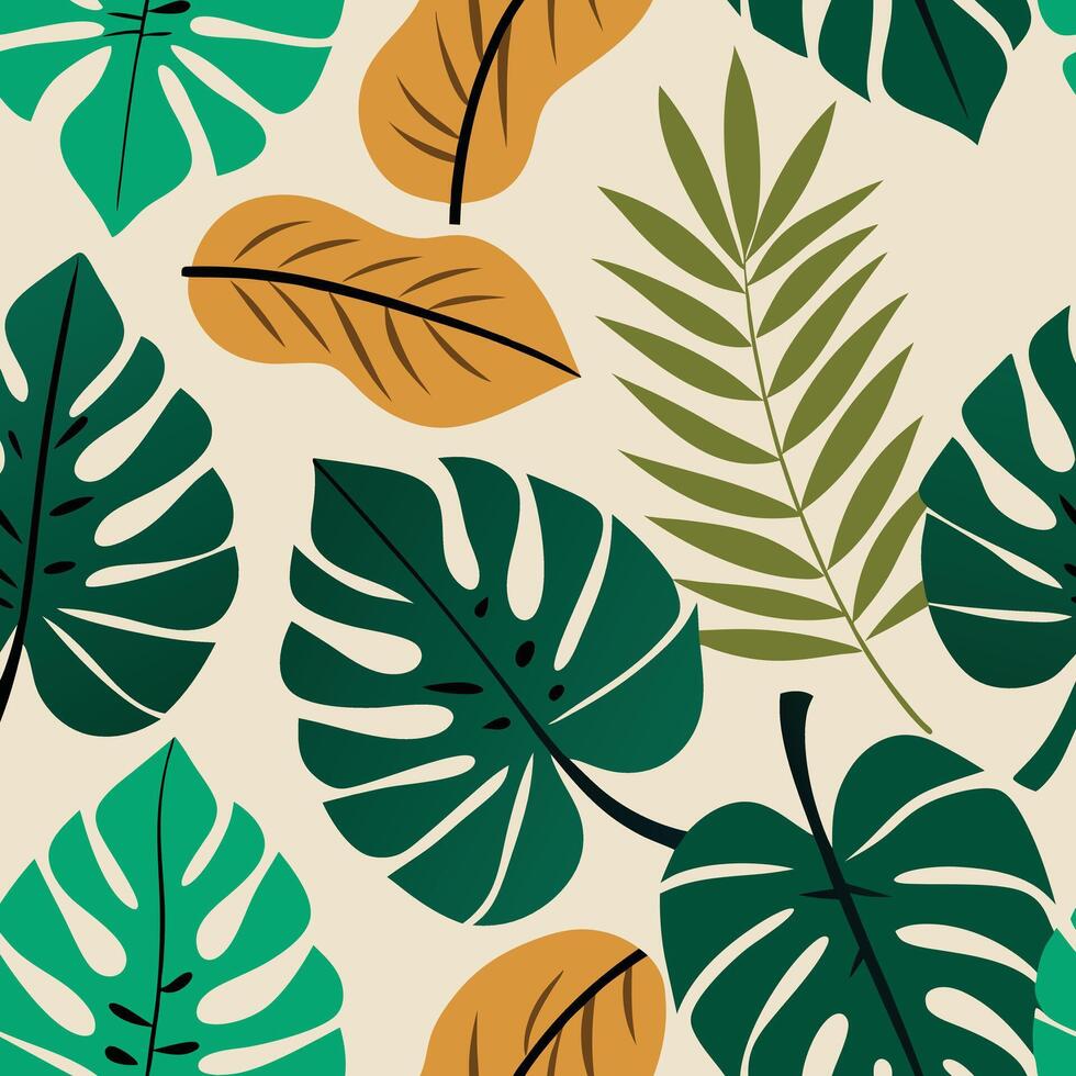 Colorful Tropical Leaves Pattern with Monstera and Palm Designs vector