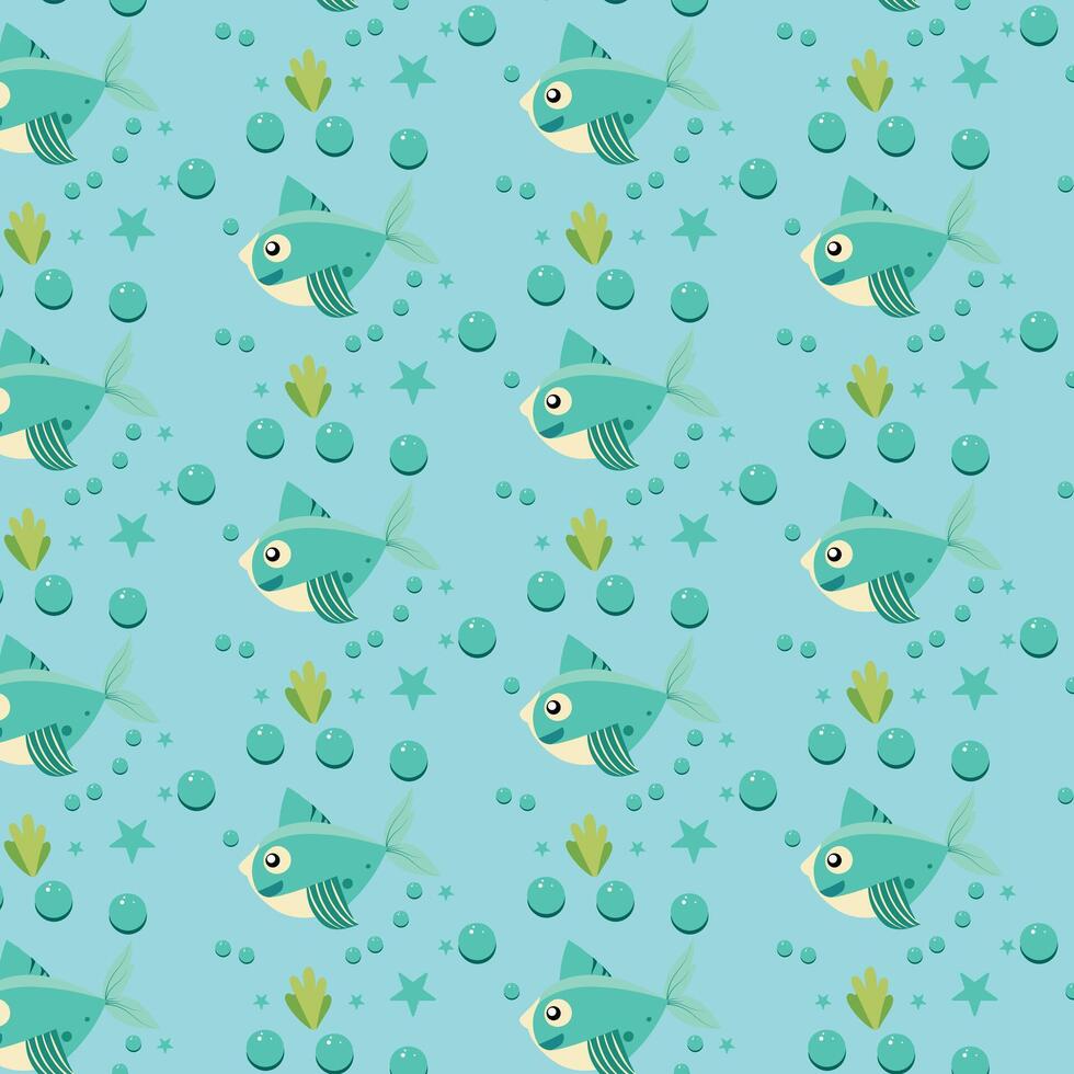 Adorable Seamless Pattern with Fish, Bubbles, and Seaweed on Aqua vector