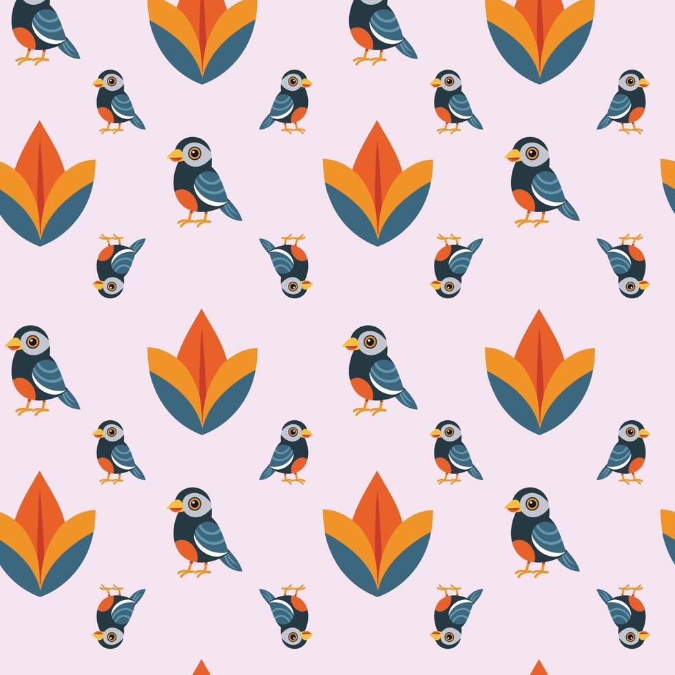 A pattern with birds and leaves on a pink background vector